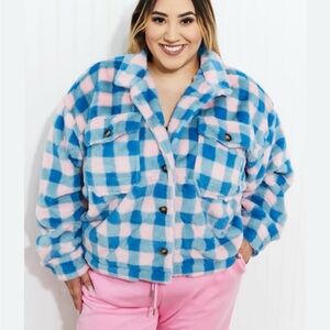 Davi & Dani Pink & Blue Plaid Plush Shacket